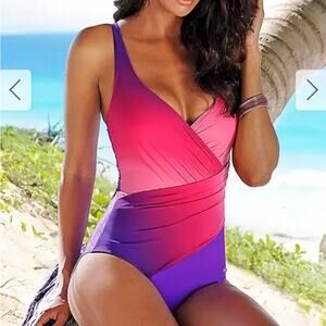 Lascana for Venus Purple Pink Ombre Cross Waist One Piece Swimsuit Women's 14